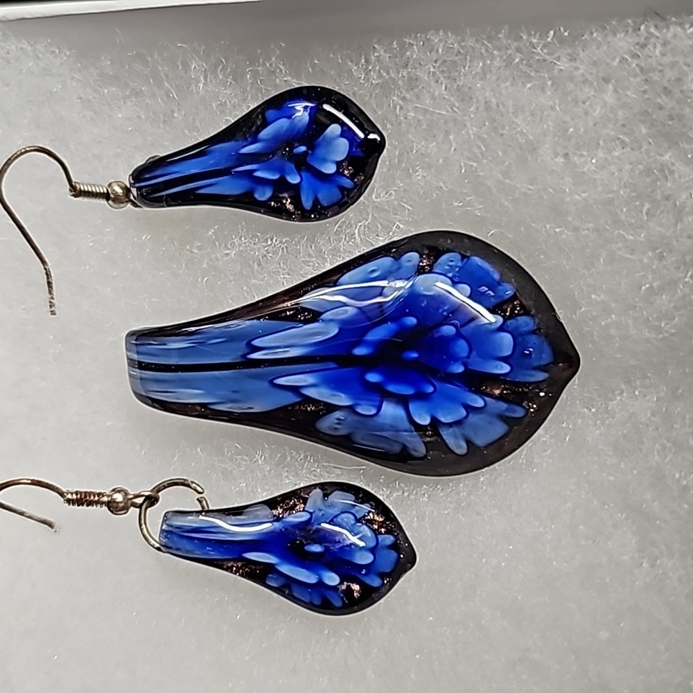 Murano Dark Blue & Black, Gold Necklace Pendent & Earring Set New